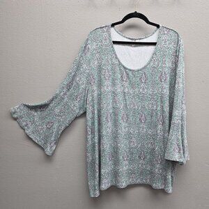 Cato Shirt Womens 26/28W Green Paisley Bell Sleeve Scoop Neck Stretch Tunic Top